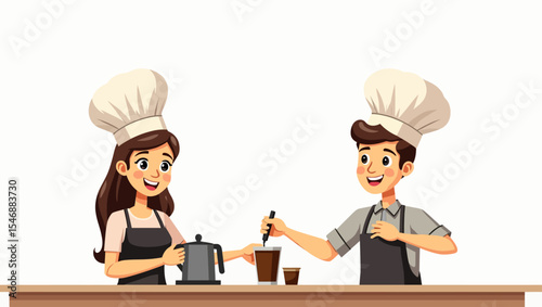 Two smiling baristas making fresh coffee together, wearing chef hats behind a modern café counter in a friendly scene.