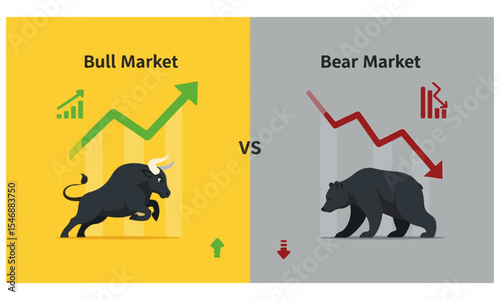 Bull Market versus Bear Market Financial Illustration, contrasting positive and negative financial trends.