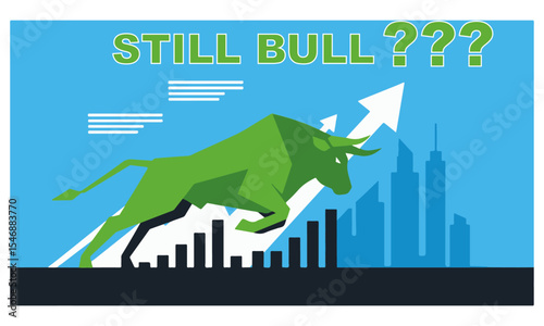 Still Bull? Financial Market Question, An illustration featuring a vibrant green bull, often symbolizing a bullish market, charging forward against a backdrop of rising bar graphs and a city skyline,