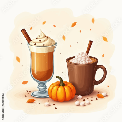 Festive autumn drinks with whipped cream and marshmallows, served in stylish cups beside pumpkins and falling leaves.