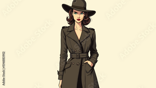  Elegant woman in a brown trench coat and hat, styled in vintage fashion, perfect for seasonal clothing illustrations and fashion concepts.