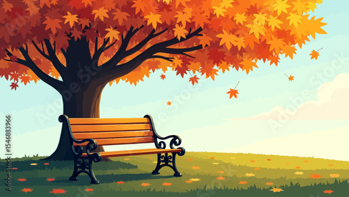 Peaceful autumn park scene with empty bench under a bright orange tree, symbolizing calm seasonal moments and nature stillness.
