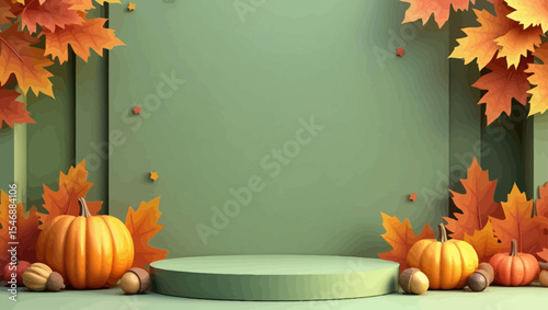 Autumn display with pumpkins, fallen leaves, and a green podium against a seasonal foliage backdrop.