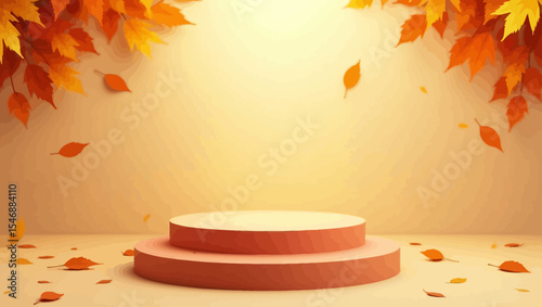 Autumn-themed podium with orange stage, falling leaves, and soft warm background lighting.