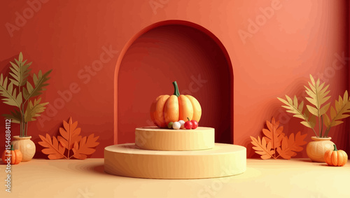  Minimalist autumn podium scene with pumpkins and leaves against a terracotta arch background.