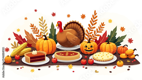 Thanksgiving dinner scene with turkey, pumpkins, pies, and autumn harvest foods in a festive fall composition.
