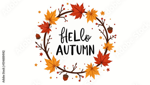 Colorful autumn wreath with fall leaves and acorns framing "Hello Autumn" text in a seasonal greeting style.
