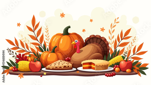 Festive Thanksgiving dinner illustration with turkey, pumpkins, pies, fruits, and autumn leaves in a rich seasonal layout.