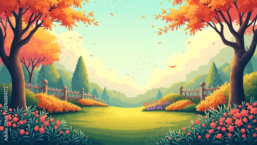  Bright autumn park with colorful trees, blooming flowers, and peaceful scenery under a clear sky.