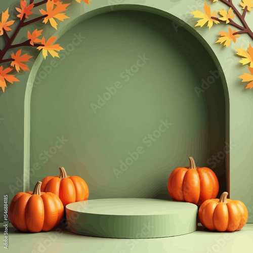 Autumn-themed green niche podium decorated with pumpkins and colorful fall leaves, ideal for seasonal displays.