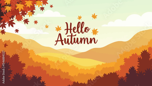 Scenic “Hello Autumn” landscape with layered orange hills and falling leaves in a peaceful seasonal view.
