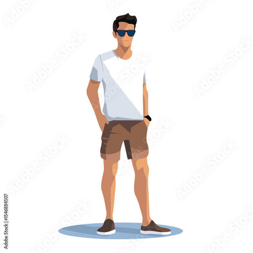 Professional Flat Design Vector Illustration of a Man Standing and Wearing Shorts and Sunglasses