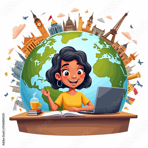 Smiling girl studying online with laptop in front of globe and world landmarks, symbolizing global education and learning abroad.