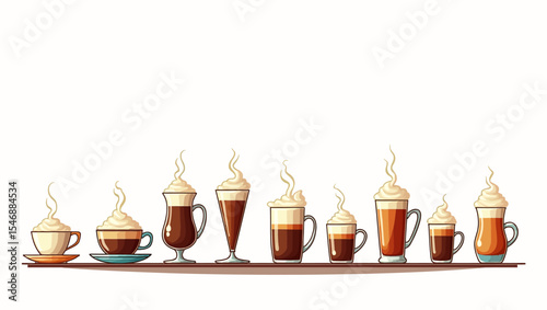Various types of coffee with cream toppings in glass and ceramic mugs on a white background.