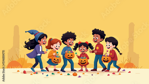 Group of diverse children happily trick-or-treating with Halloween buckets in a cheerful festive scene.