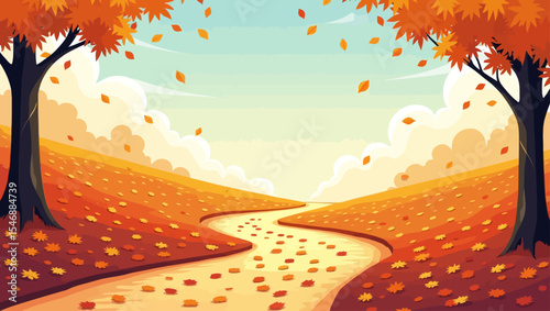 A scenic autumn landscape with a winding path, colorful falling leaves, and orange trees under a clear sky.