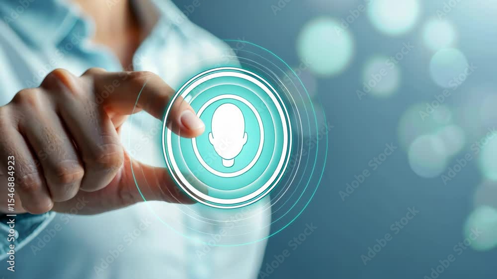 Touch of Technology: A person's finger delicately interacts with a glowing, digital microphone icon, symbolizing the seamless integration of voice-activated technology.