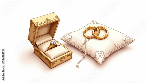 Wedding rings on a cushion with a luxurious ring box, elegant vector design for romantic, marriage or engagement concepts.