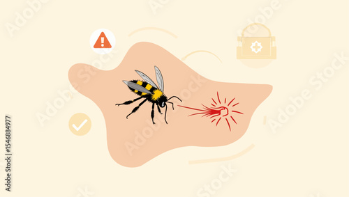 Vector illustration of a bee sting with pain symbol and healthcare elements, educational allergy or first aid concept.