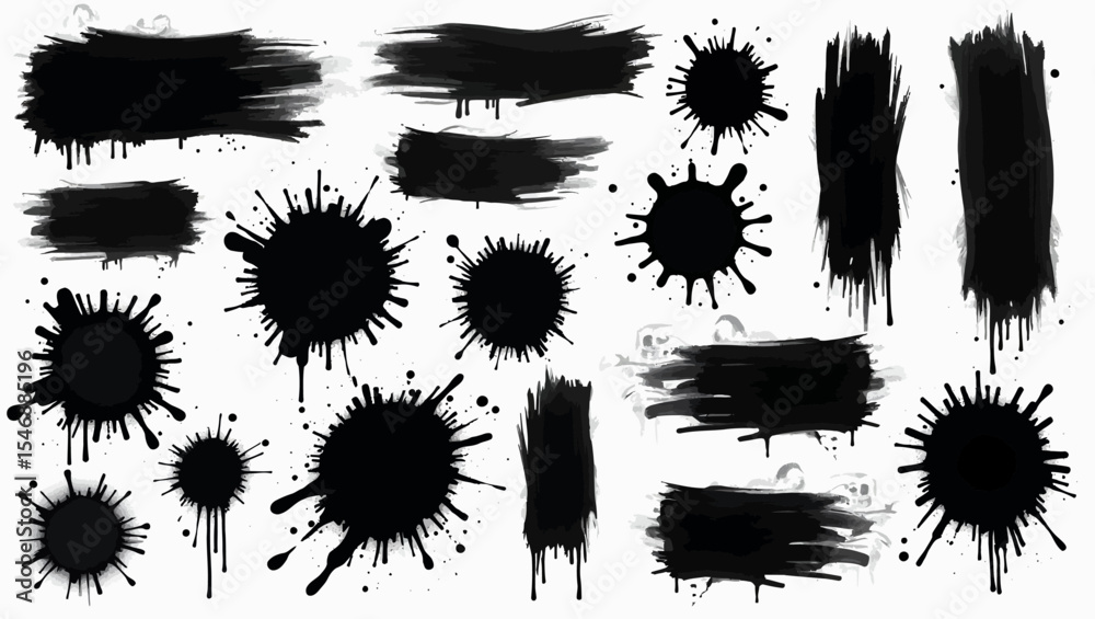  Black ink splatter brush set in various shapes and textures, ideal for grunge designs, digital art, and creative overlays.