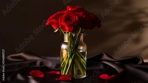 Red roses in glass vase with petals on black silk background  