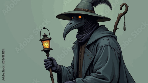  Dark fantasy plague doctor character in cloak and hat holding lantern, ideal for horror, Halloween, or gothic storytelling.