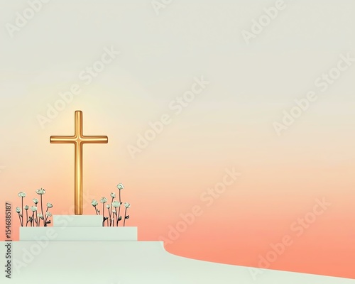 Modern Gold Crucifix, Golden Cross on White Stand Surrounded by Flowers Against Soft Gradient