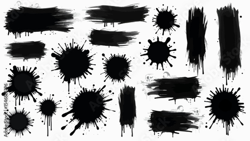  Black ink splatter brush set in various shapes and textures, ideal for grunge designs, digital art, and creative overlays.
