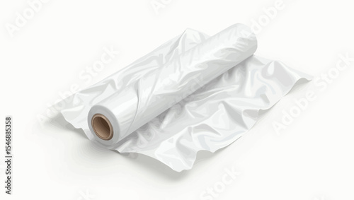 Realistic roll of glossy white plastic film used for packaging or industrial wrap displayed with folds and light reflection.