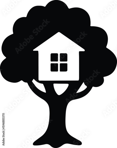 Silhouette treehouse minimalist black and white graphic design Vector Illustration