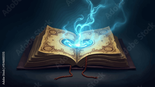 Ancient magic book glowing with mystical energy as enchanted blue light rises from its pages in a dark fantasy scene.