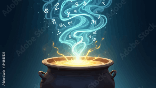 Glowing magical cauldron releasing swirling enchanted smoke with mystical symbols in a fantasy setting.