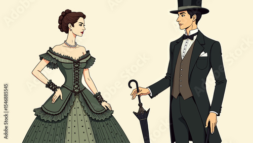 Elegant Victorian couple in vintage fashion attire with classic posture, representing historical style and charm.
