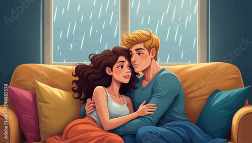 Romantic couple cuddling on a cozy sofa by the window on a rainy day, perfect emotional and love-themed artwork.