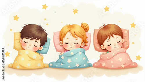 Three children sleeping peacefully in cozy starry blankets, portraying innocence, rest, and bedtime calm.