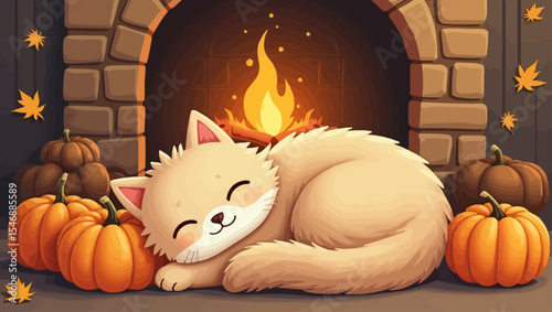 Cute fluffy cat sleeping peacefully by the fireplace surrounded by pumpkins and autumn leaves—cozy fall illustration.