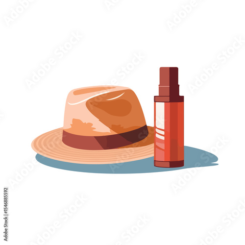 Professional Hat and Sun Bronzer Bottle Icon on White Background for Summer Fashion and Beauty Concepts