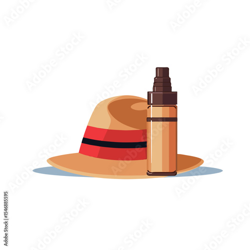 Sun Protection Accessories Hat and Bronzer Bottle Icon on White Background for Summer Beach Vacations and Skincare Products Promotion