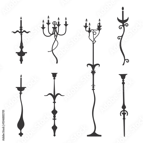 Elegant black silhouettes of vintage candlesticks and floor lamps in various shapes, ideal for decoration or design elements.