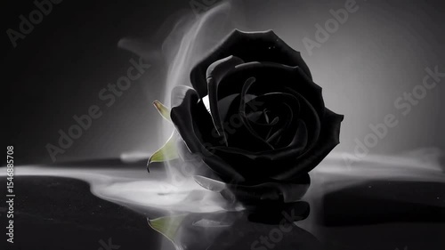 Black rose with smoke on reflective surface in monochrome style  