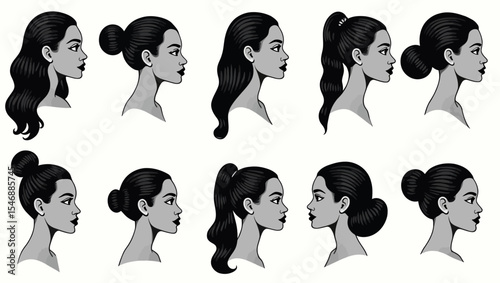 Set of female side profiles with various stylish hairstyles, ideal for beauty, hair styling, fashion, or cosmetics themes.