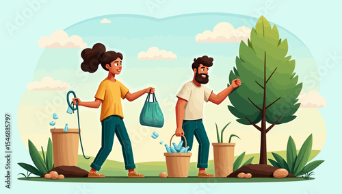 Couple planting tree and collecting trash in park, promoting environmental awareness and eco-friendly habits in a green setting.