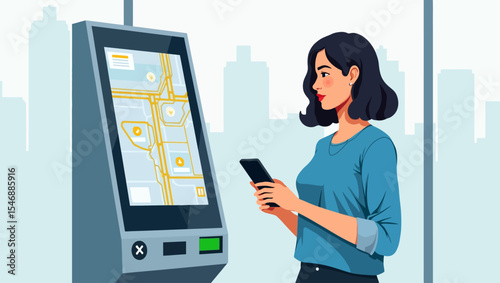 Woman interacting with touchscreen map kiosk while holding smartphone, representing urban navigation and smart travel.