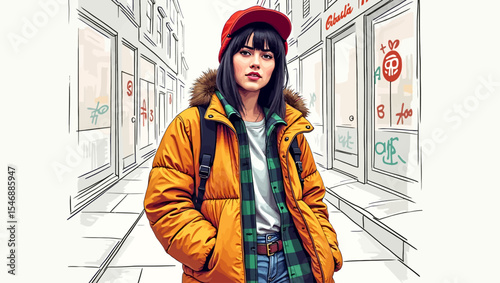 Stylish young woman with red cap and yellow jacket standing in a modern street scene, symbolizing urban youth fashion.