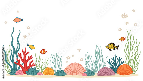 Colorful underwater scene with coral reefs, tropical fish, and seaweed, ideal for marine life and ocean-themed vector designs.