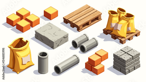 Construction materials set including bricks, pipes, cement bags, pallets and concrete blocks in detailed isometric vector style.