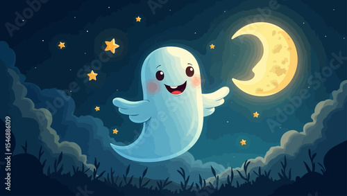 Cute cartoon ghost flying in the night sky with stars and crescent moon, perfect for Halloween or bedtime themes.