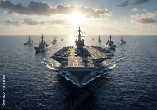 A fleet of warships, led by a massive aircraft carrier, sailing in a powerful formation across the open ocean. The sun is directly overhead, glinting off the water and the surfaces of the ships,