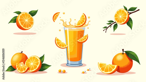 Fresh orange juice splash with whole and sliced oranges, perfect for healthy and natural product themes.