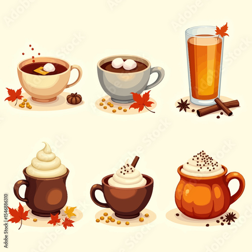 A set of autumn-themed warm beverages including coffee, hot chocolate, cider and whipped cream in cute seasonal mugs.